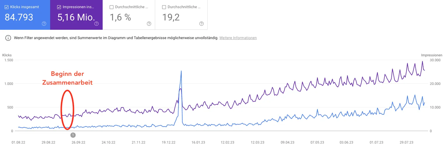 Google-Search-Console-Diagramm: Entwicklung von Klicks und Impressionen eines Onlineshops seit Beginn der Zusammenarbeit (Beispiel 4)